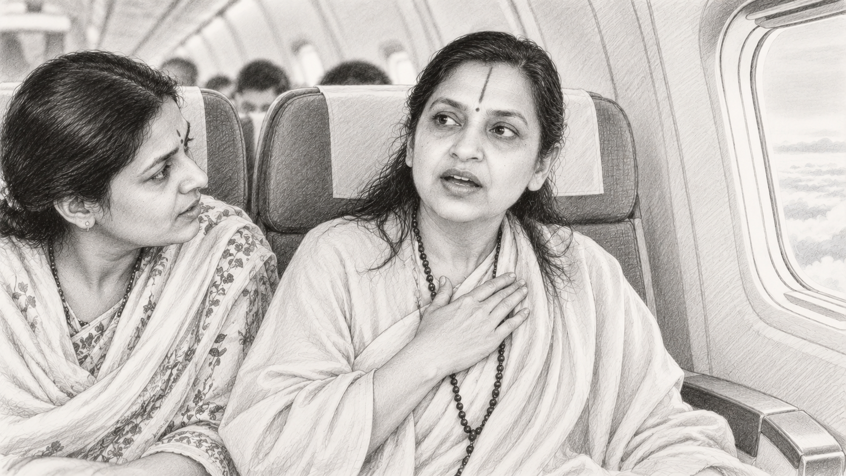 Banchary Didi suddenly remembers her New York lecture series while seated with Namita Ji on an airplane.