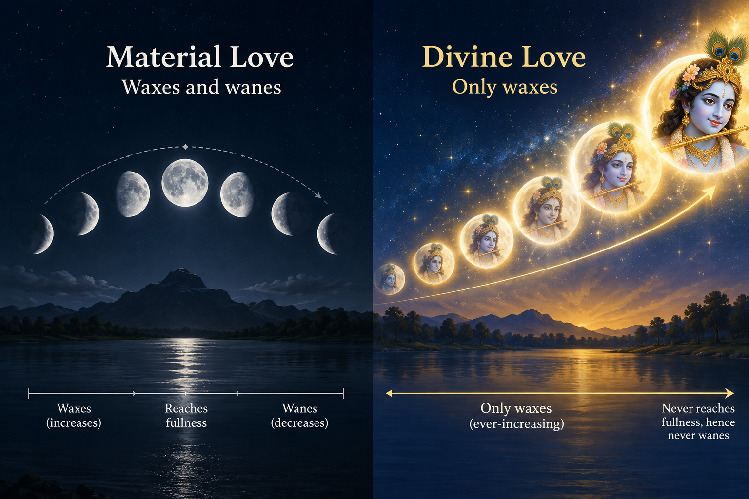 Moon phases wax and wane, while Shri Krishna’s increasing charm illustrates divine love that only grows and never declines.