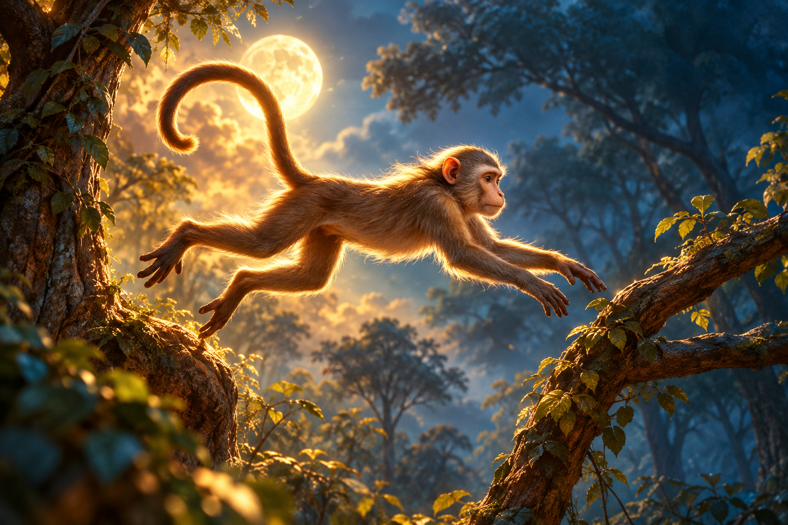 In the wild monkey jumps from tree to tree all day long.