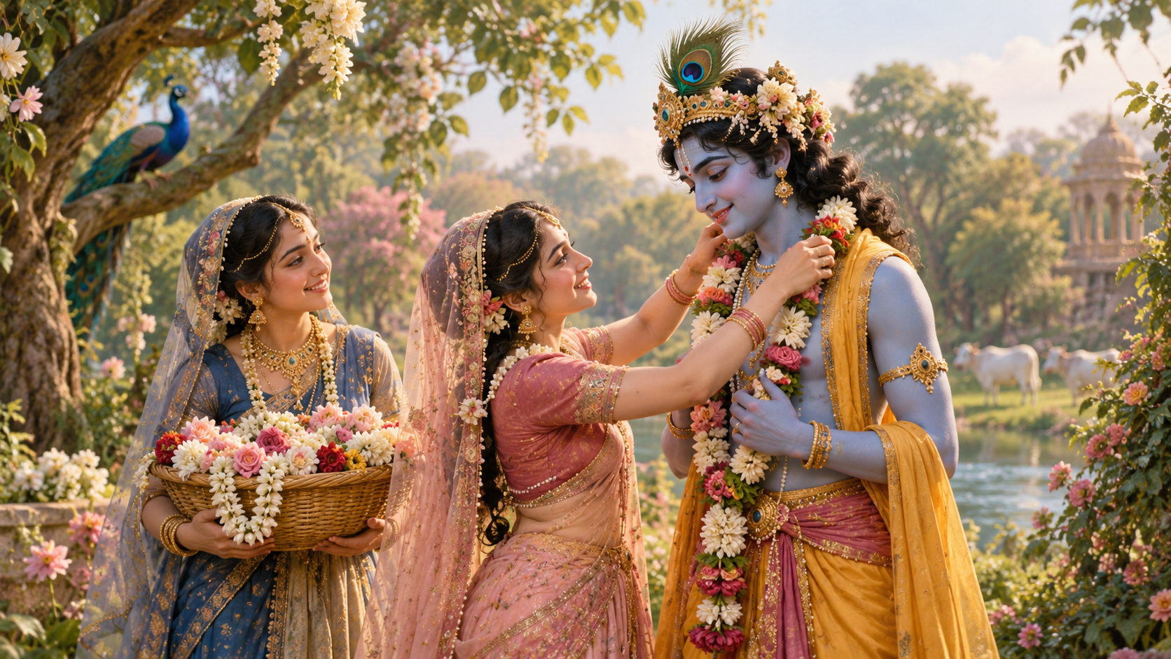 One Gopi places a flower garland on Shri Krishna while another holds a wicker basket filled with garlands.