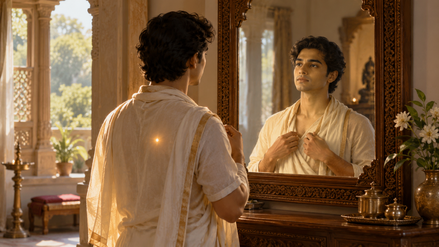 A person looking at their reflection, representing identification of the eternal soul with the temporary physical body.
