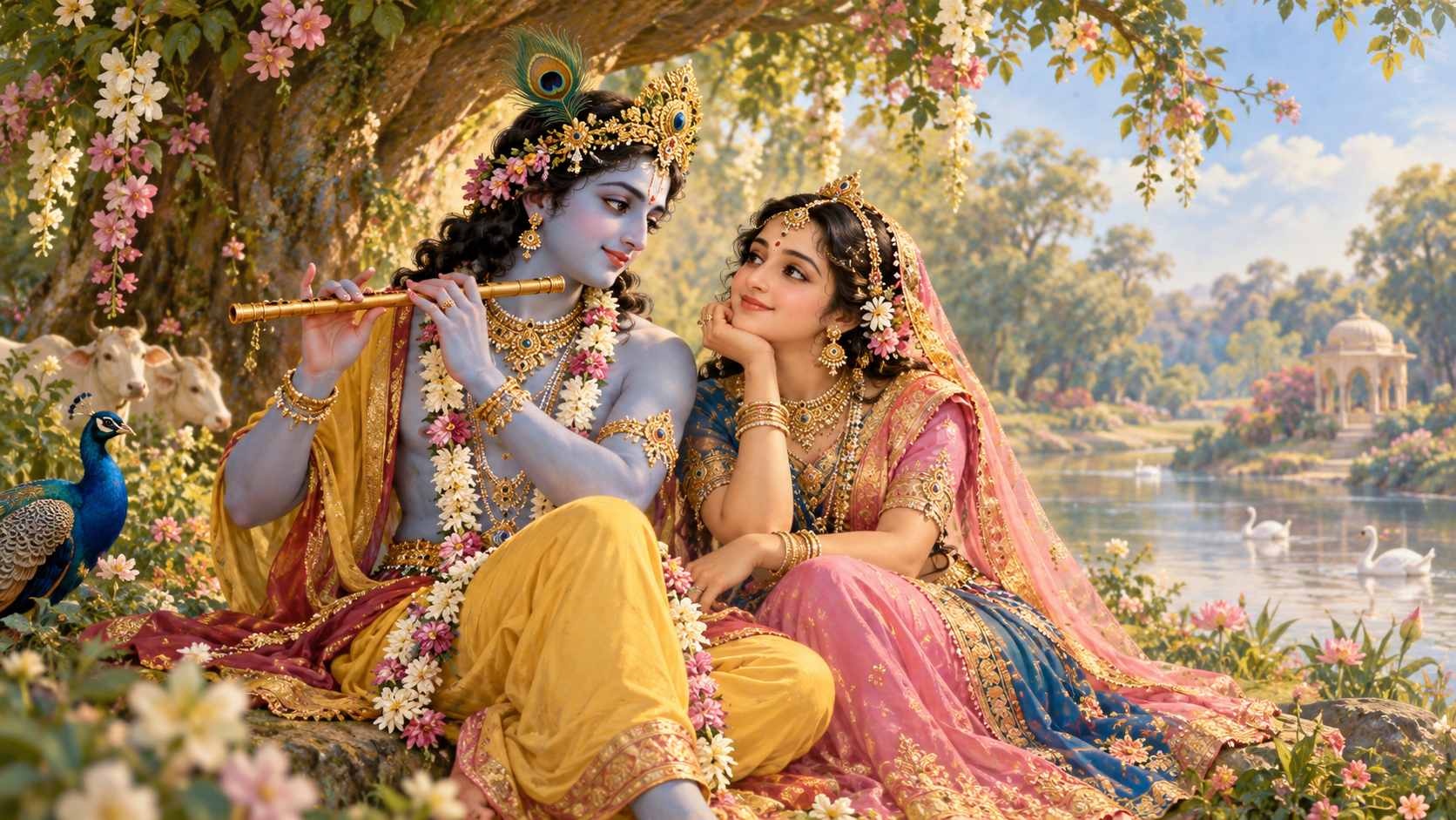 A devotee experiencing serene joy while contemplating Shri Radha Krishna.