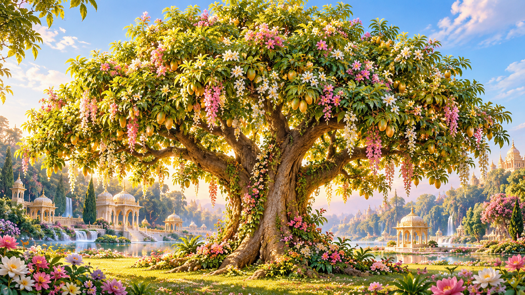 A magnificent wish-fulfilling Kalpavriksha tree stands in the celestial surroundings of Swarg.