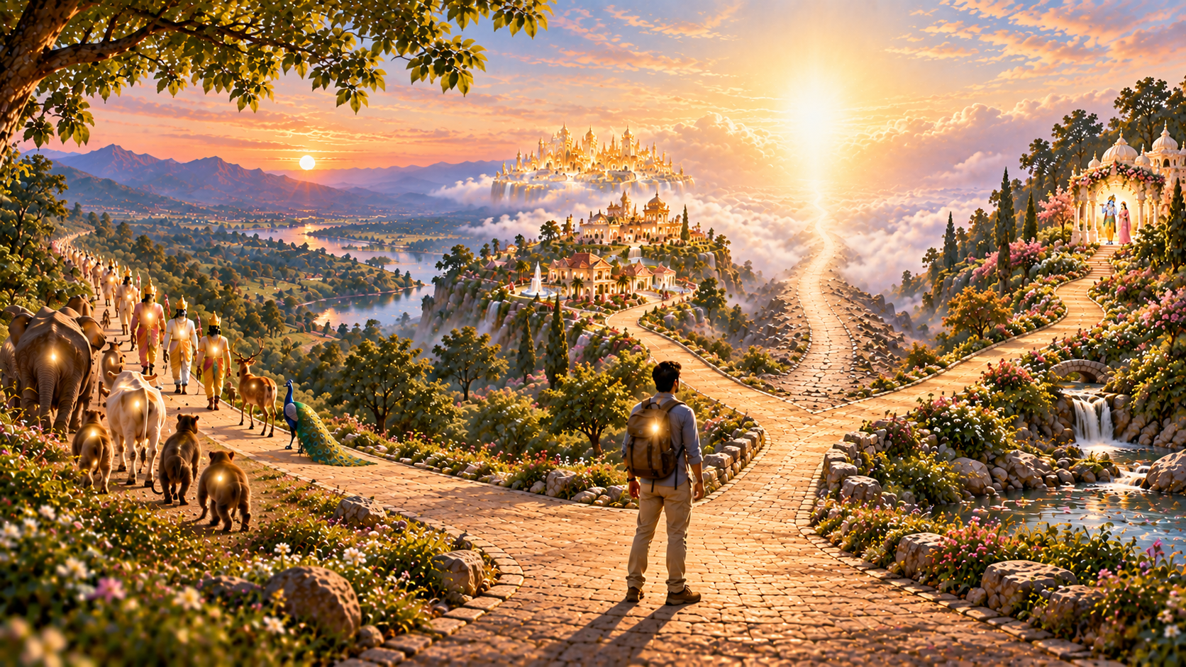 A human at a crossroads representing Karma Yoni, with paths toward material enjoyment, liberation, and devotion.