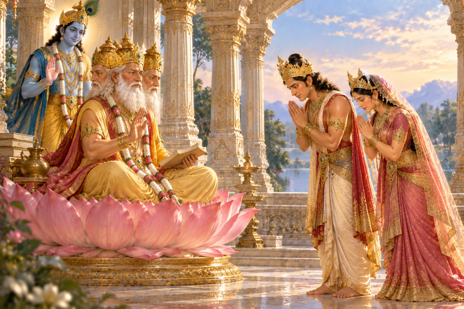 Svayambhuva Manu and Shatarupa bow with folded hands before Brahma, with Shri Krishna standing behind him.
