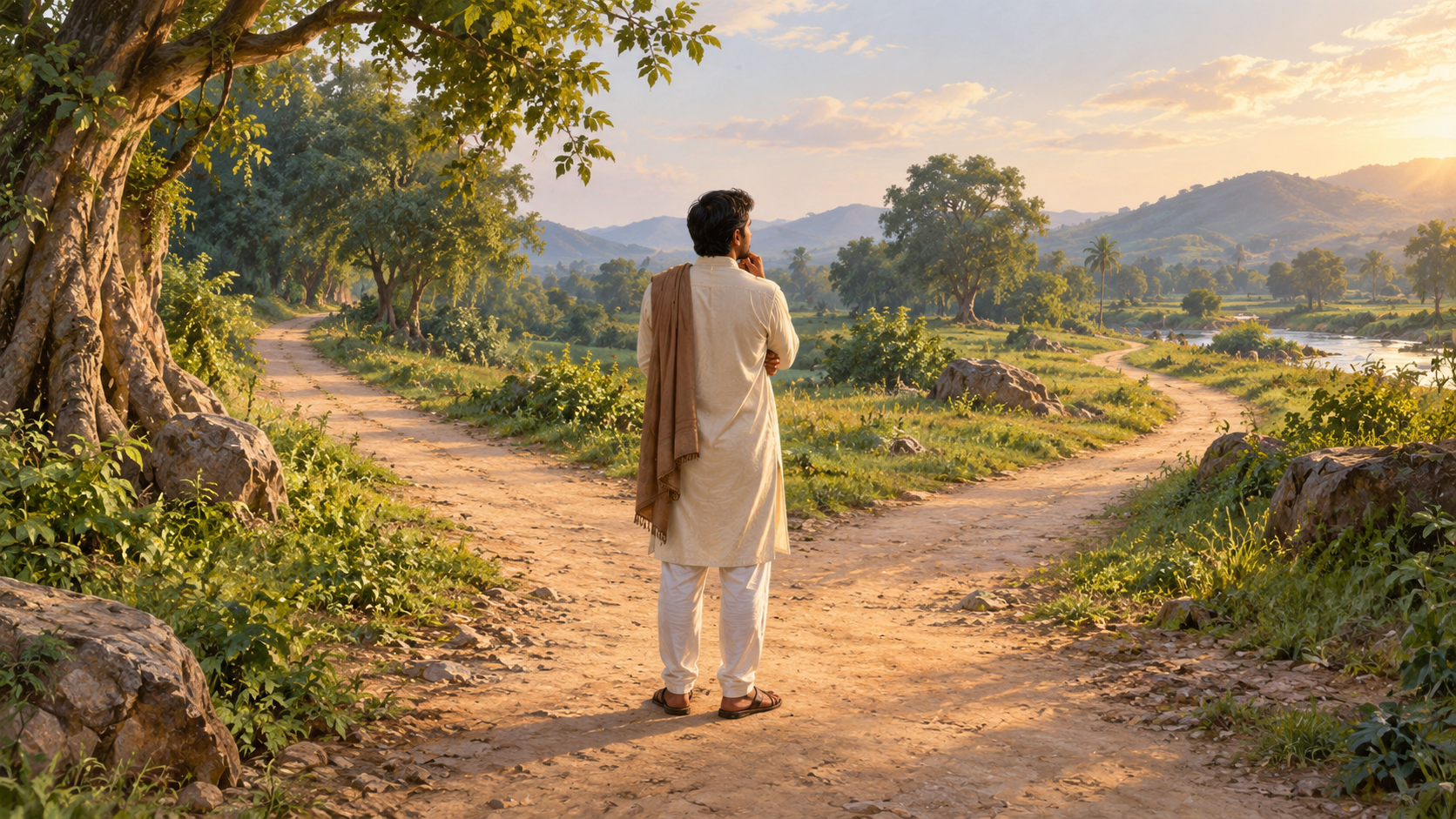 A thoughtful person pauses at a crossroads before choosing which path to follow.