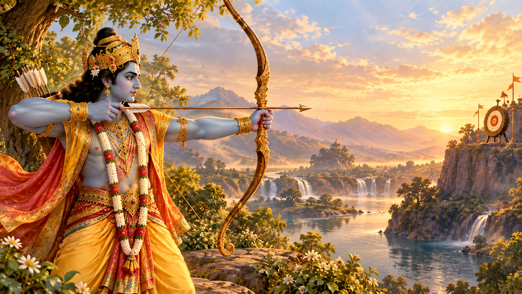Shri Ram drawing his bow, with an arrow aimed unwaveringly toward its intended target.