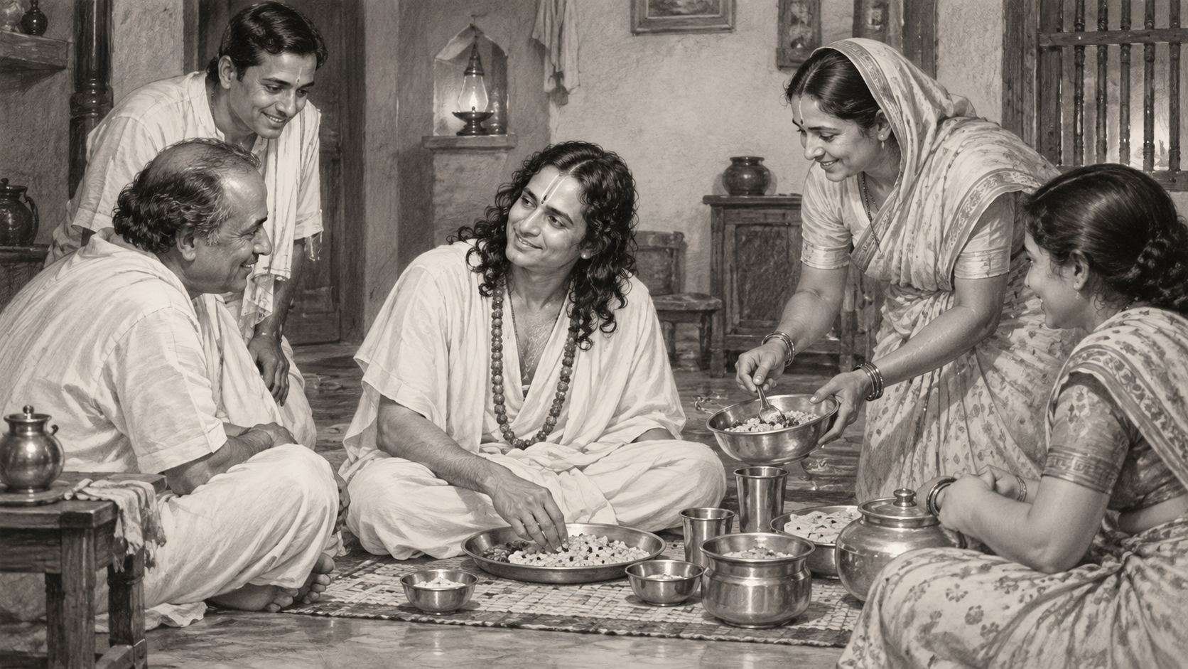 Shri Maharaj Ji sits for a simple meal of khichdi in Mahabani Ji's home while the family lovingly serves him.