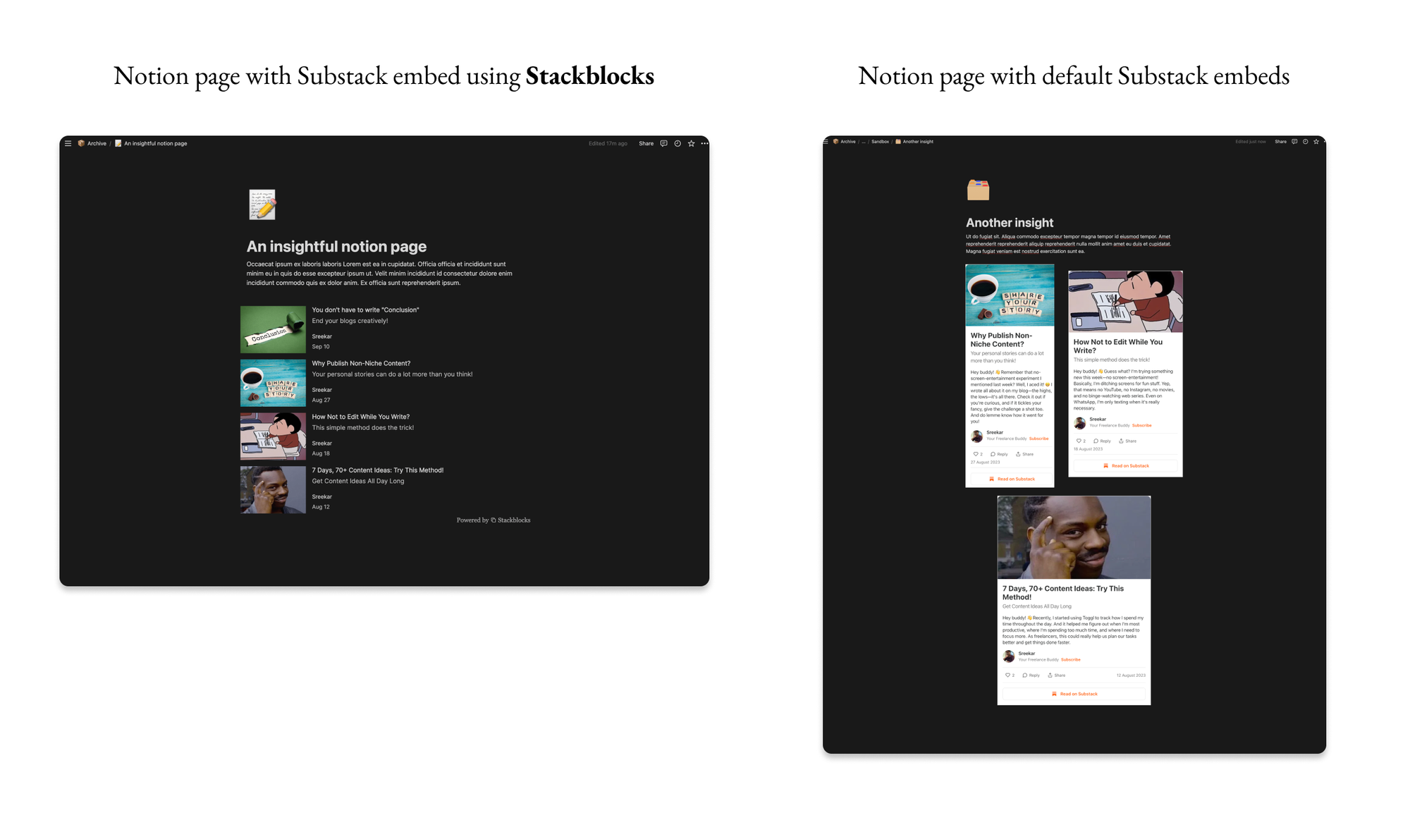 Comparison of Substack and Stackblocks for embedding newsletter archives on Notion.