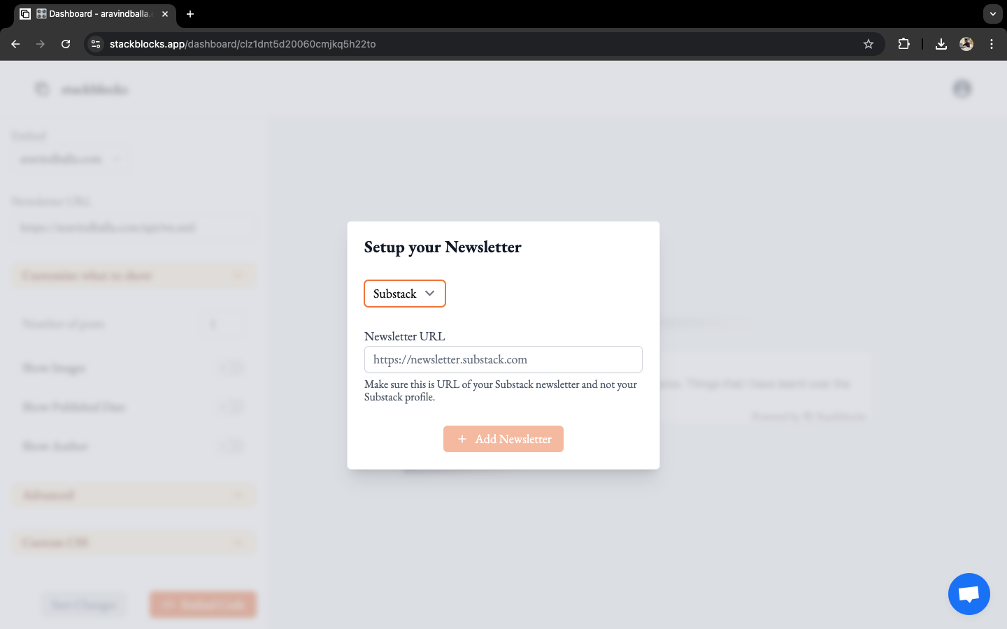 Selecting Substack as source and entering newsletter URL on Stackblocks.