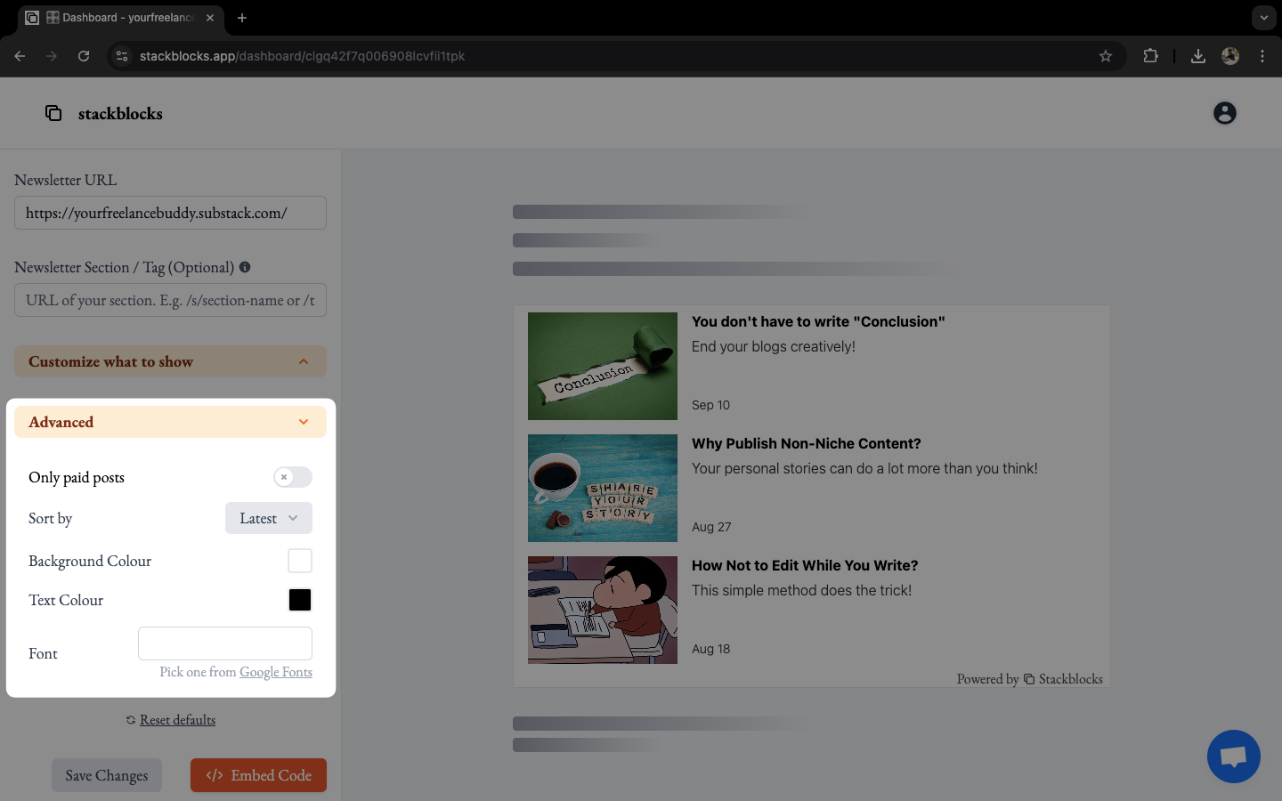 Advanced customization options (paid posts, sorting, background color, text color, font) on Stackblocks for Substack embeds.
