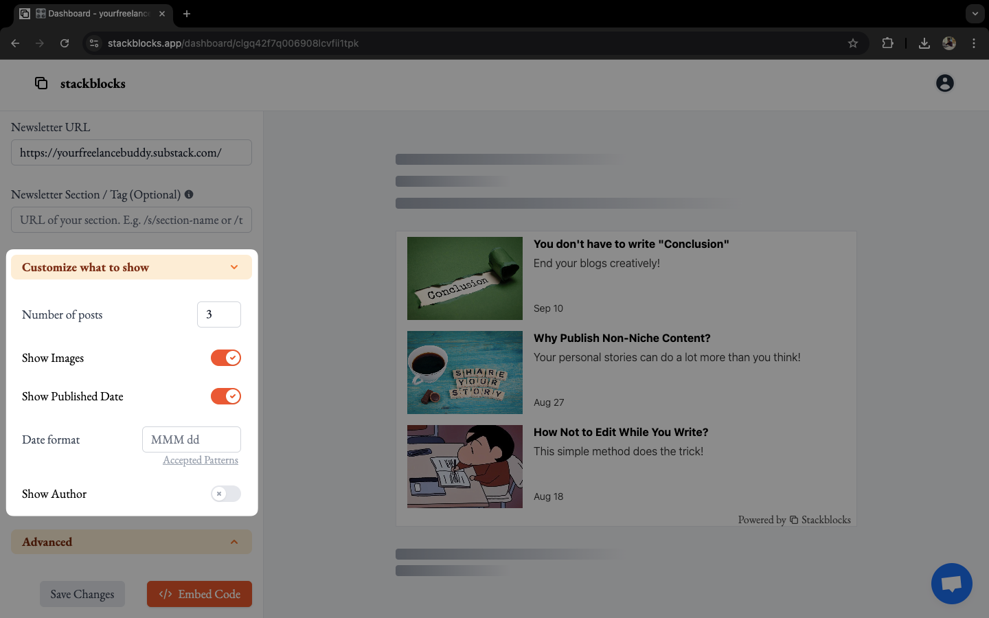 Basic customization options (number of posts, images, published date, author) on Stackblocks for Substack embeds.