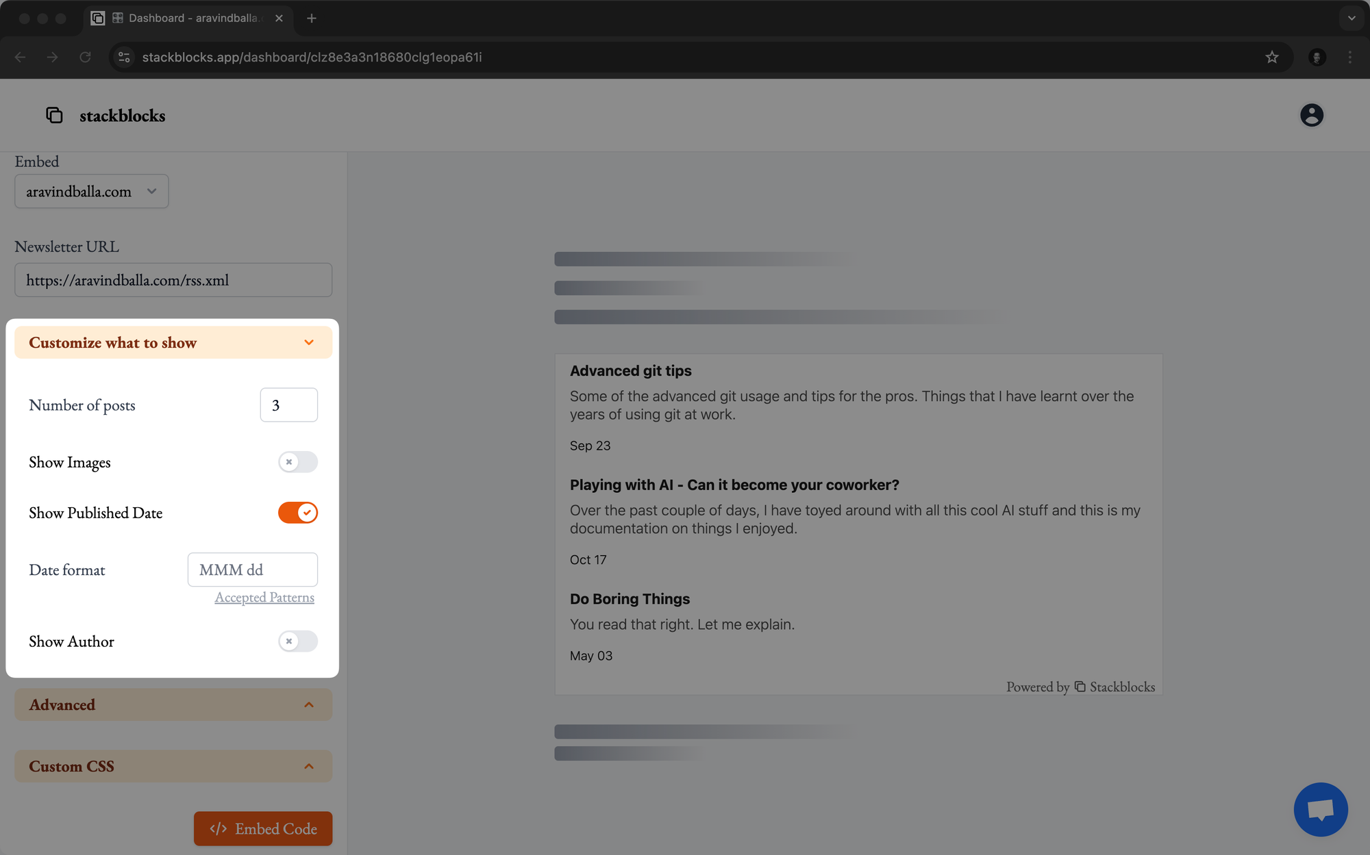 Basic customization options (number of posts, images, published date, author) on Stackblocks for RSS feed embeds.