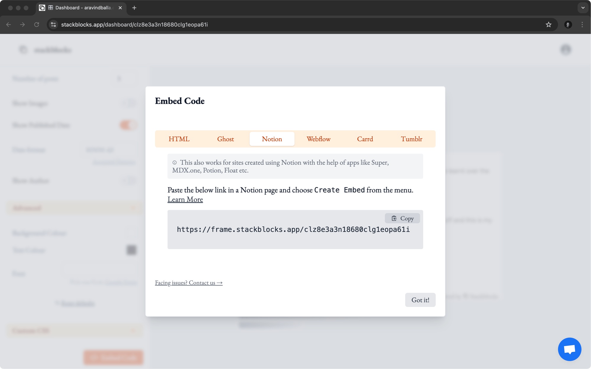 Selecting Notion as the target on Stackblocks for RSS embeds.