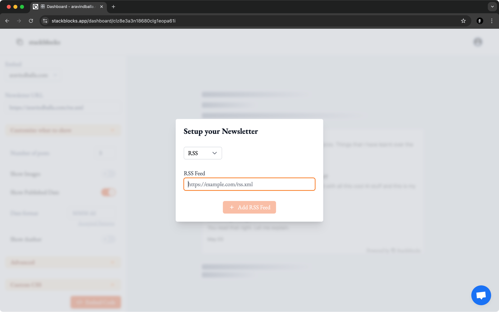 Selecting RSS as source and entering RSS feed link on Stackblocks.