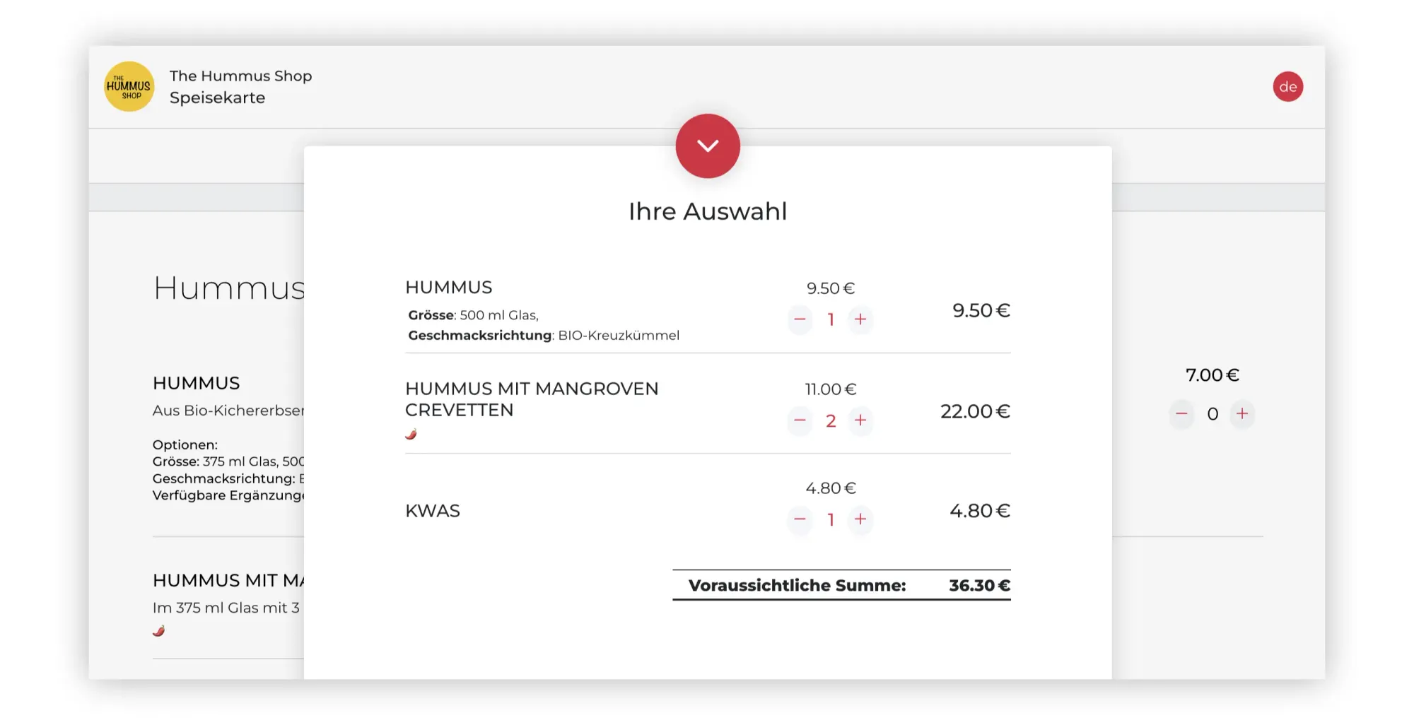 Bildschirmfoto zur Darstellung der Funktion Bestellzusammenfassung in der interaktiven OIDO - QR-Speisekarte