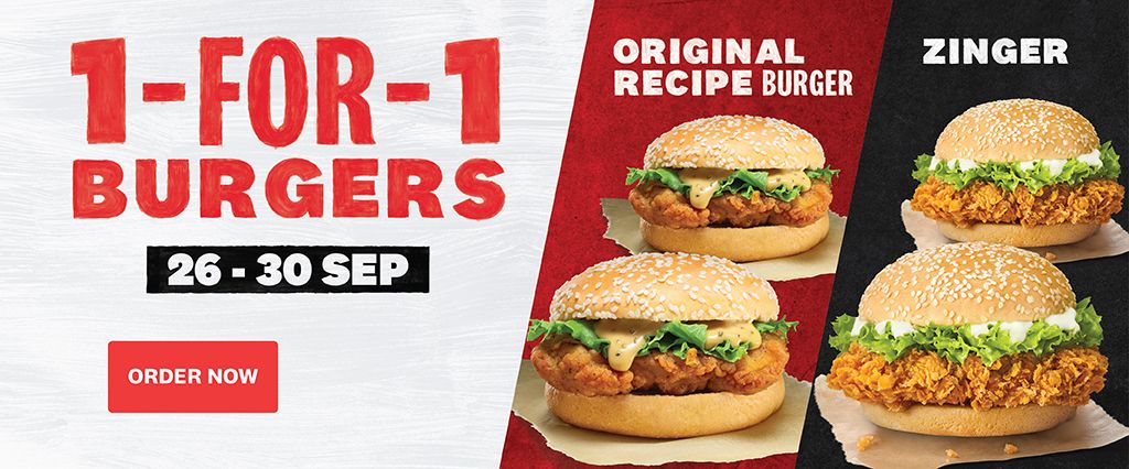 KFC offering 1-for-1 Original Recipe and Zinger Burgers from 26 to 30 Sep