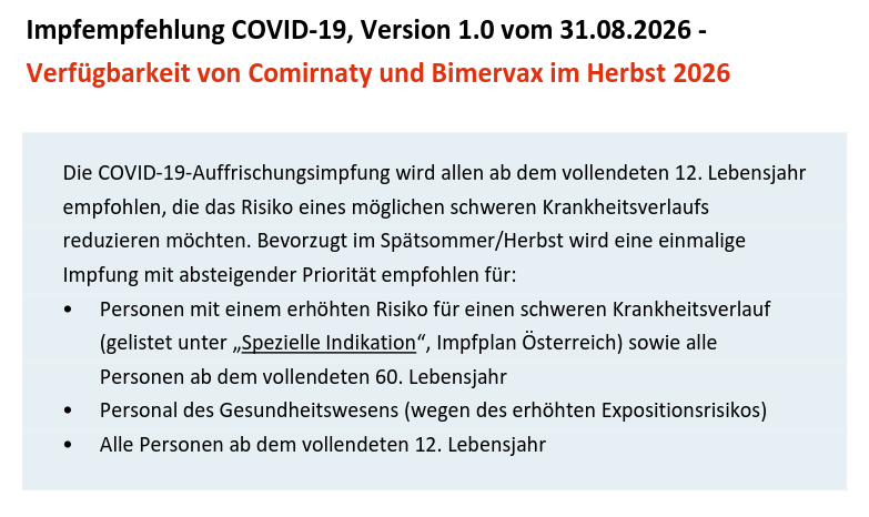 Impfempfehlung COVID-19, Version 1.0 vom 31.08.2026 - Verfügbarkeit von Comirnaty und Bimervax im Herbst 2026 Die COVID-19-Auffrischungsimpfung wird allen ab dem vollendeten 12. Lebensjahr empfohlen, die das Risiko eines möglichen schweren Krankheitsverlaufs reduzieren möchten. Bevorzugt im Spätsommer/Herbst wird eine einmalige Impfung mit absteigender Priorität empfohlen für: • Personen mit einem erhöhten Risiko für einen schweren Krankheitsverlauf (gelistet unter „Spezielle Indikation“, Impfplan Österreich) sowie alle Personen ab dem vollendeten 60. Lebensjahr • Personal des Gesundheitswesens (wegen des erhöhten Expositionsrisikos) • Alle Personen ab dem vollendeten 12. Lebensjahr