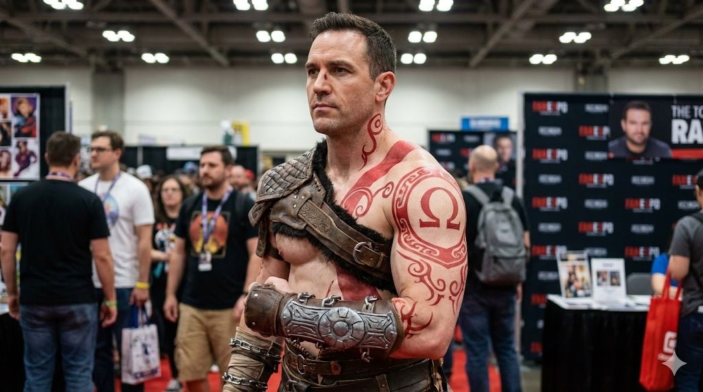 A cosplayer with temporary tattoo in Los Angeles