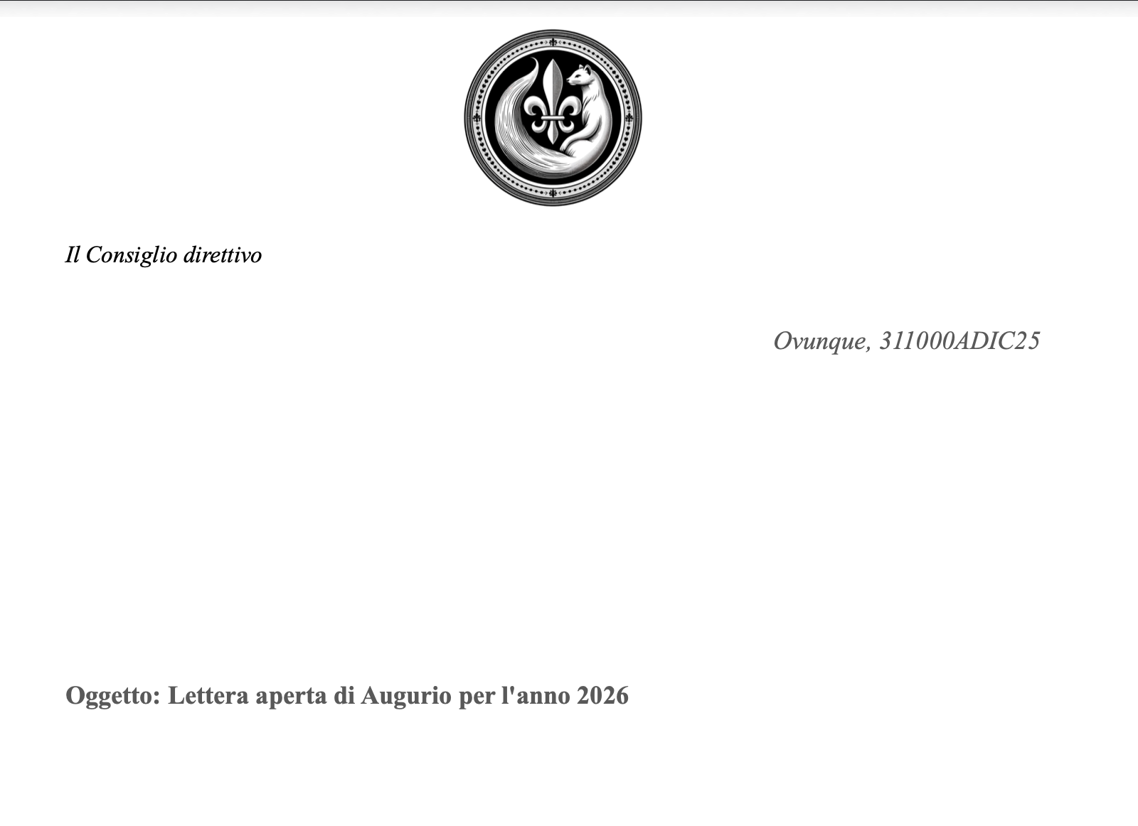 Comunicazione dell'Editore - Lettera di auguri anno 2026