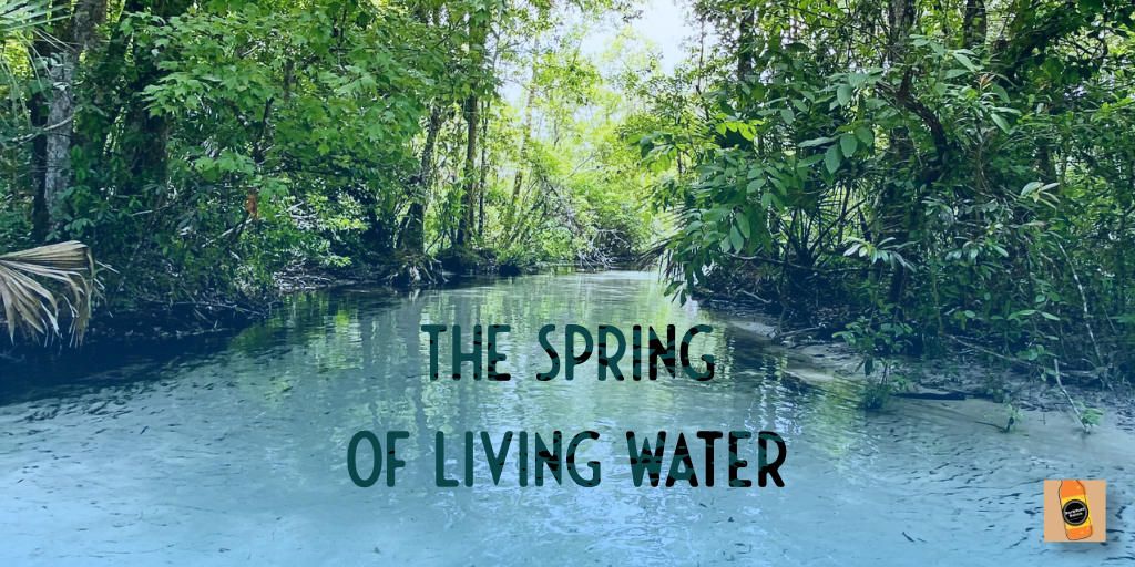 "The Spring of Living Water" written over a clear, shallow spring bed.