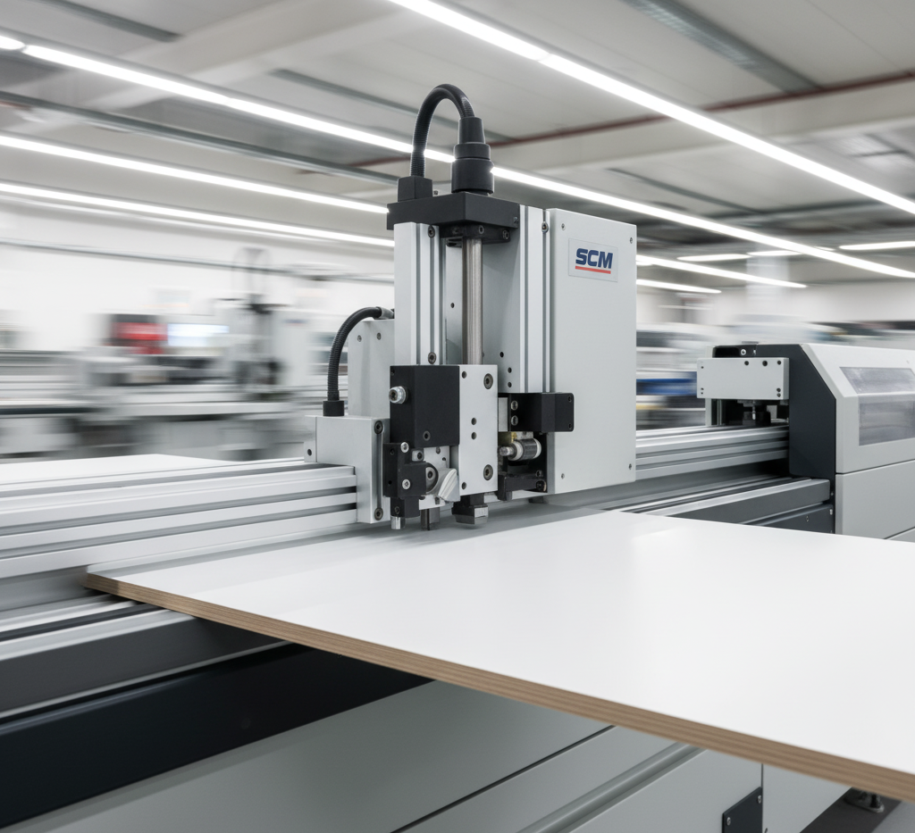 Utilaj industrial SCM de mare viteză pentru prelucrarea panourilor de mobilier, surprins în mișcare într-o hală de producție.