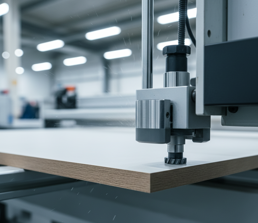 Prim-plan cu un cap de prelucrare al unui centru CNC, pregătit pentru a executa găuri de precizie pe un panou de PAL deja cantuit.