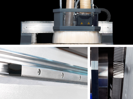 Sistem de acționare gantry cu cremalieră și pinion elicoidal pentru centre de prelucrare CNC, asigurând precizie și viteză în mișcare.