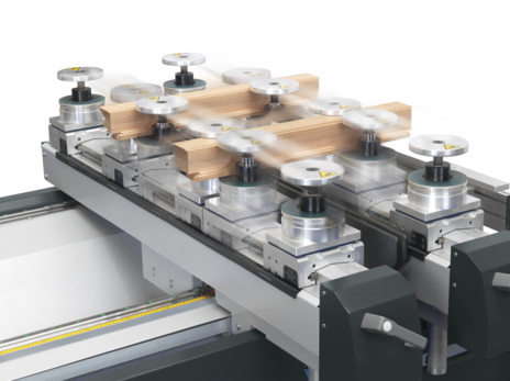 Sistem automat de poziționare a consolelor și ventuzelor cu vacuum pe un centru CNC, pentru fixarea rapidă a pieselor din lemn masiv.