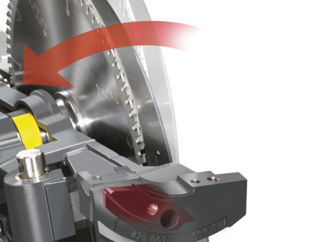 Detaliu tehnic al mecanismului de activare a sistemului de siguranță PCS®, care coboară rapid unitatea de tăiere la detectarea unui pericol.