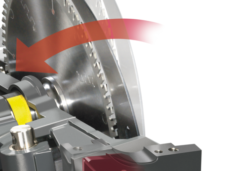 Mecanismul sistemului de înclinare patentat "Easy-Glide" de la Felder, care permite bascularea pânzei (90°-45°) fără lubrifiere și fără întreținere.