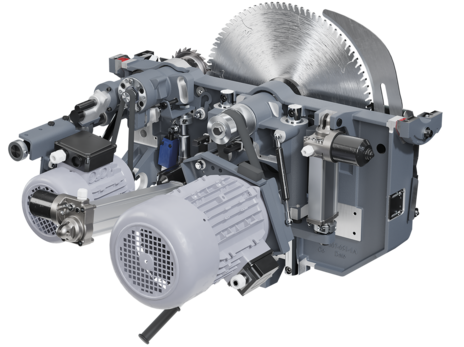 Unitatea de tăiere industrială masivă (grupul sega) a unui circular Format4/Felder, construită din fontă, cu motoare separate pentru pânză și incizor, proiectată pentru putere maximă.