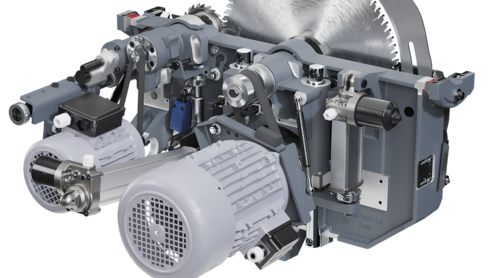 Unitatea de tăiere industrială masivă (grupul sega) a unui circular Format4/Felder (kappa 450 / K 945 S), construită din fontă, cu motoare separate pentru pânză și incizor.