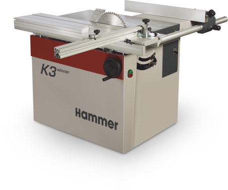 Fierăstrău circular compact Hammer K3 winner, echipat cu masa mobilă de 1250mm, pentru tăieri de precizie în tâmplărie.