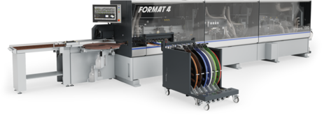Mașină automată de aplicat cant Format4, prezentată cu panou de control digital și un cărucior mobil pentru role de cant.