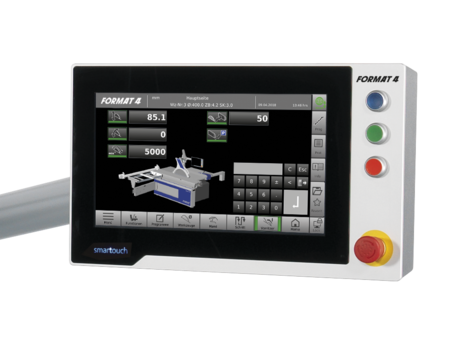 Detaliu cu panoul de control CNC "smarttouch" al unui circular de formatizat Format4, afișând setările digitale pentru unghiul pânzei și rigla paralelă.