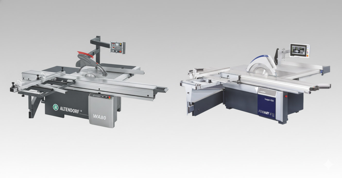 Comparație vizuală a fierăstraielor circulare industriale ALTENDORF WA 80 (stânga) și FORMAT4 kappa 450 x-motion (dreapta), două modele premium cu control digital.