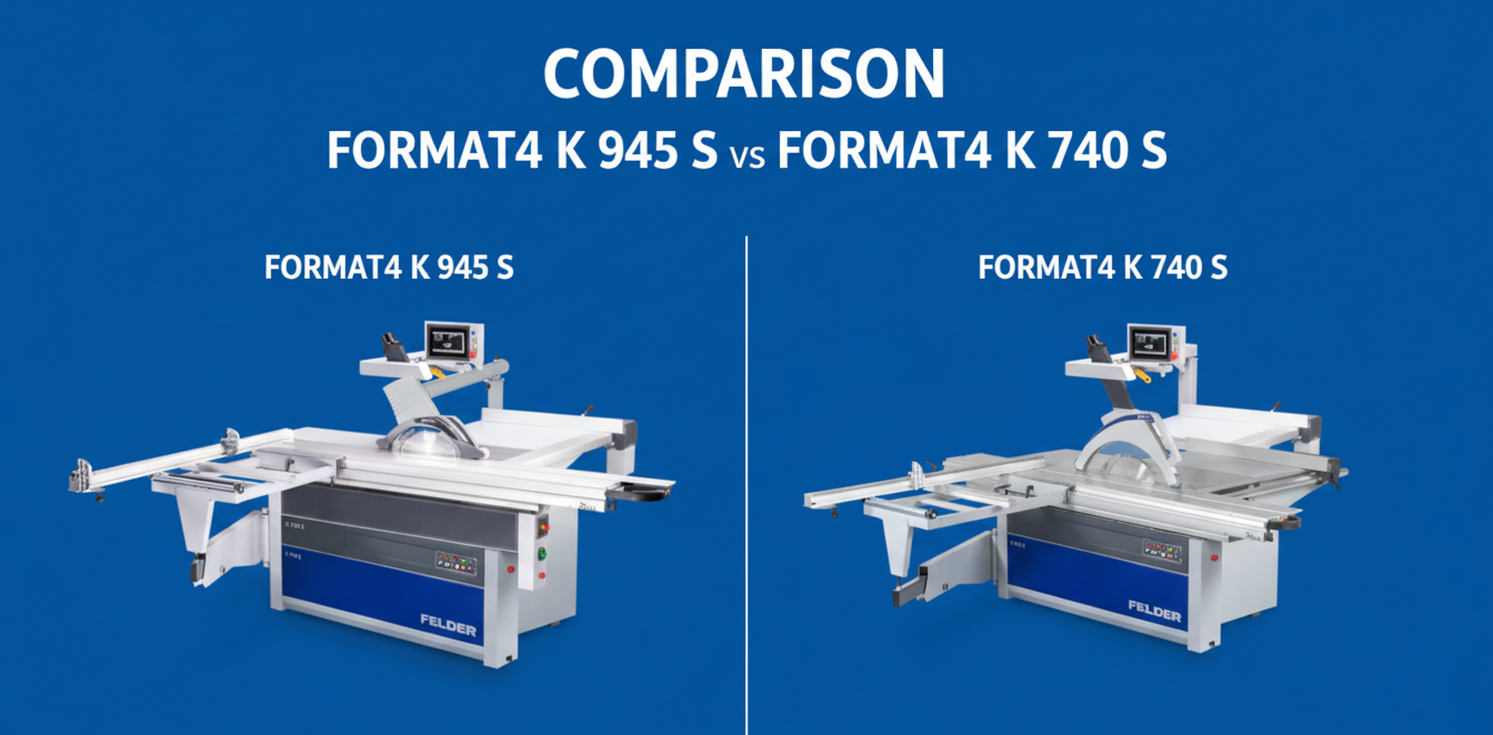 Comparație vizuală a fierăstraielor circulare industriale FORMAT4 K 945 S (stânga) și FORMAT4 K 740 S (dreapta), ambele utilaje premium Felder cu control CNC.