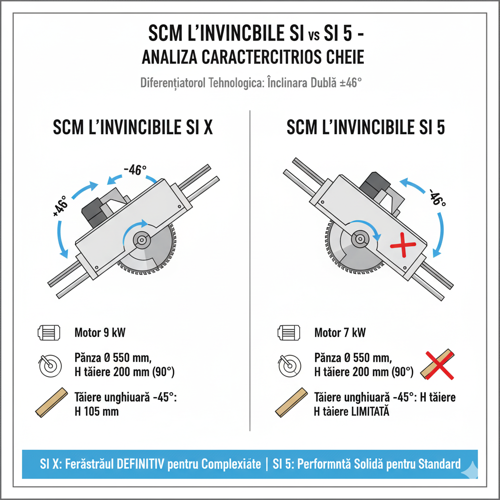 Infografic comparativ: SCM L'Invincibile SI X (cu înclinare dublă ±46°) vs. SCM L'Invincibile SI 5 (cu înclinare standard -46°), evidențiind diferențiatorul tehnologic.