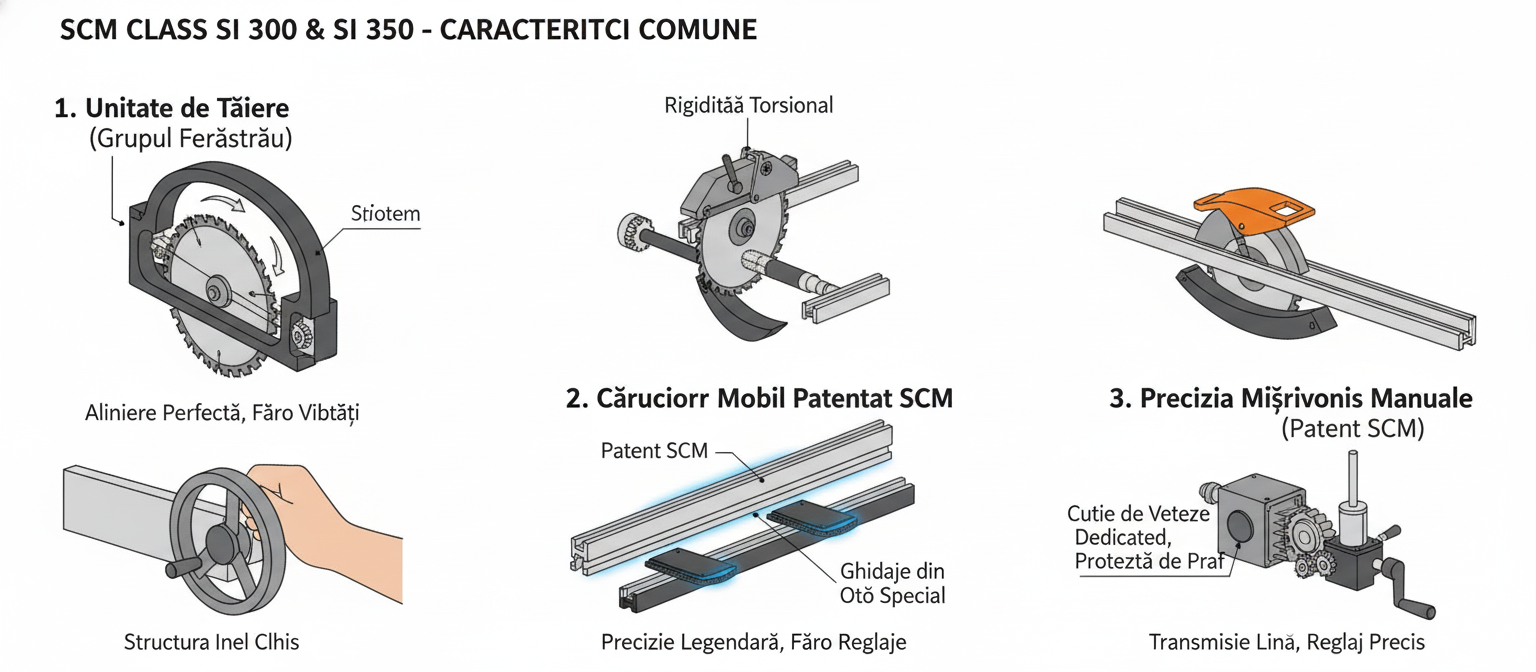 Infografic ce prezintă caracteristicile comune ale circularelor SCM Class SI 300 și SI 350, incluzând unitatea de tăiere robustă, căruciorul mobil patentat și precizia reglajelor manuale.