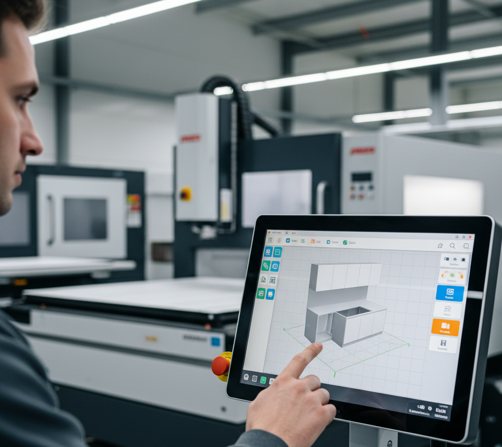 Programarea unui corp de mobilier direct pe panoul de control tactil al unui centru de prelucrare CNC, ilustrând un flux de lucru digital modern.