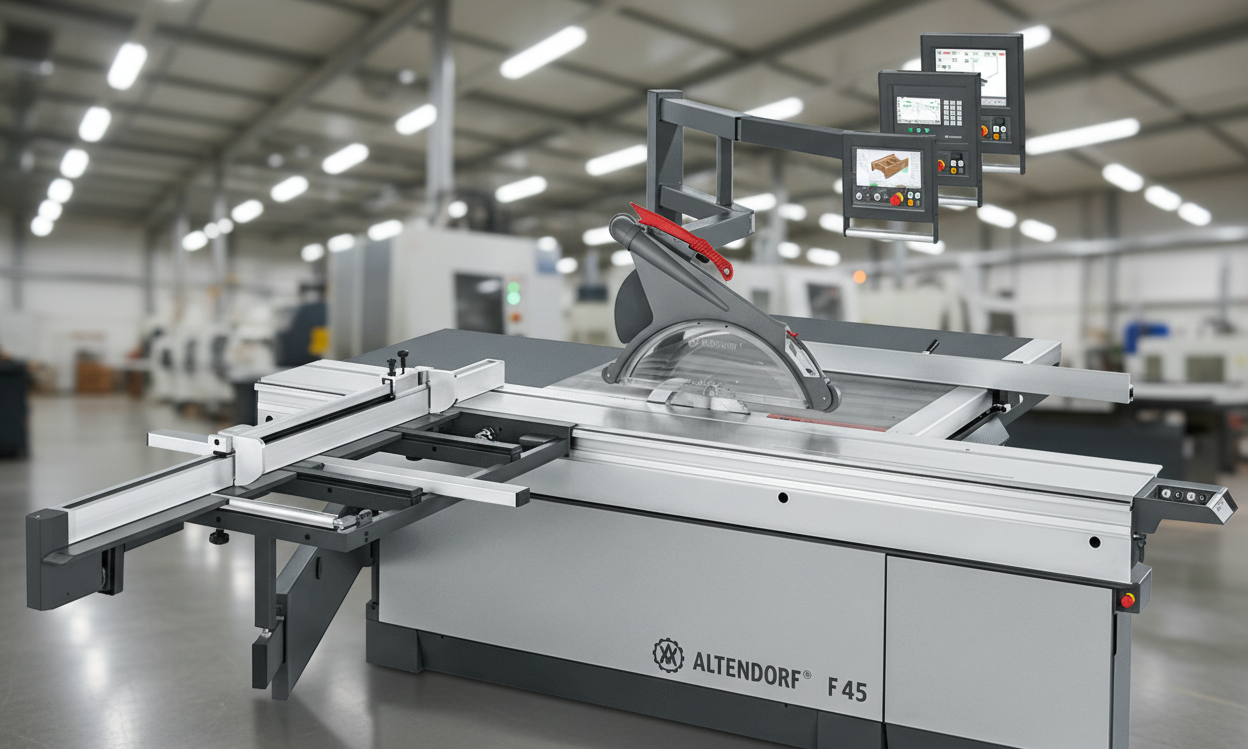 Modelul Altendorf F45, un circular de formatizat de top, prezentat într-o comparație a utilajelor pentru producția de mobilă.