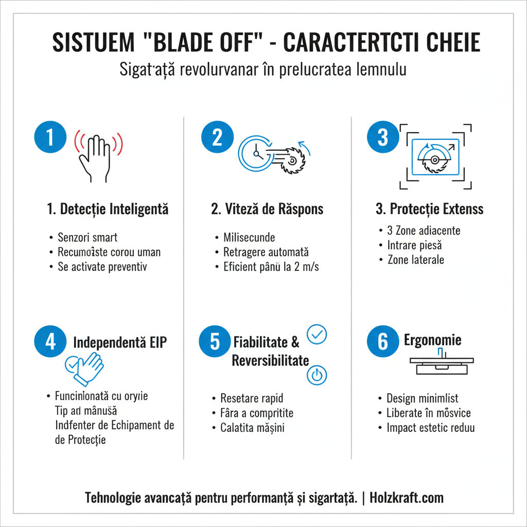 Infografic ce prezintă caracteristicile cheie ale sistemului de siguranță "Blade Off": detecție inteligentă, viteză de răspuns, protecție extinsă, independență EIP, fiabilitate și ergonomie.