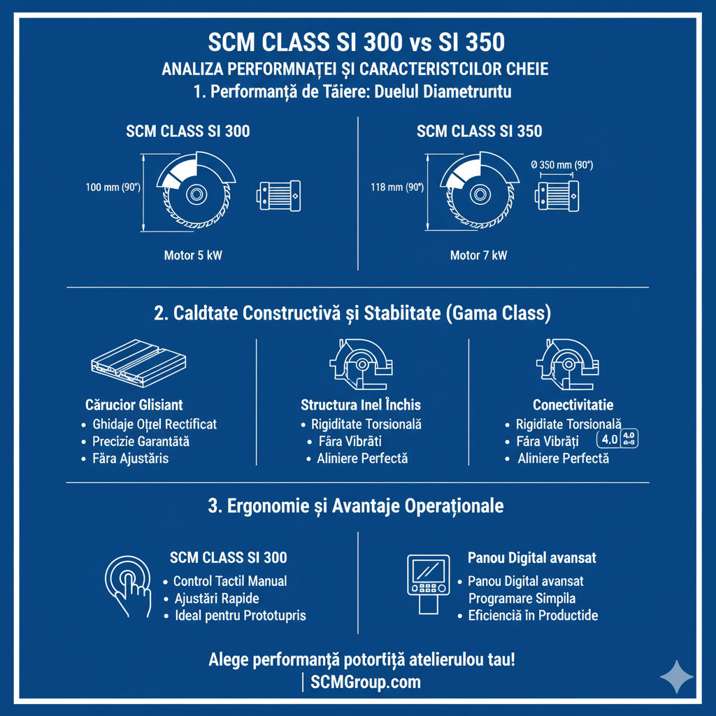 Infografic comparativ: SCM Class SI 300 (motor 5kW, tăiere 100mm) vs. SCM Class SI 350 (motor 7kW, tăiere 118mm) și analiza caracteristicilor comune (cărucior, structură inel).