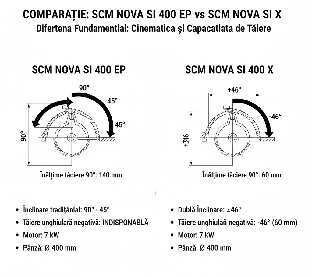 Infografic comparativ: Interfața de control SCM NOVA SI 400 EP (control "READY", ecran 4 inch) vs. SCM NOVA SI X (control "Easy touch", ecran 10 inch).