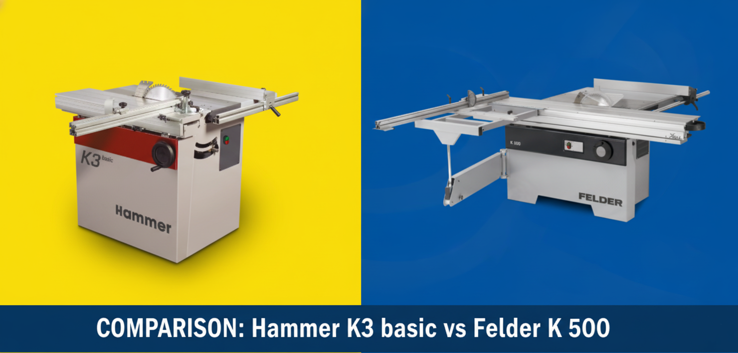 Comparație vizuală a fierăstraielor circulare Hammer K3 basic (stânga) și FELDER K 500 (dreapta), aliniate pentru o analiză a diferențelor de platformă și clasă.