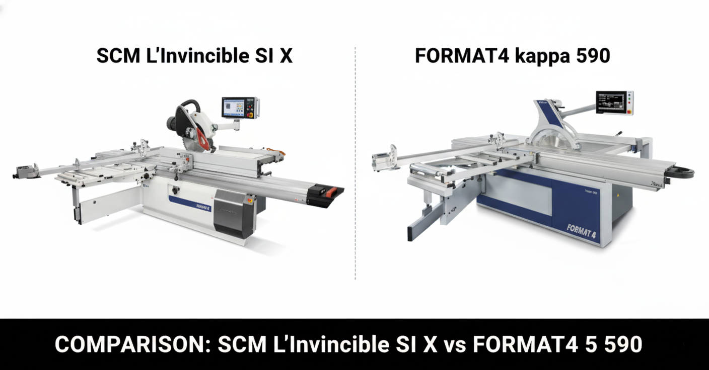 Comparație vizuală a fierăstraielor circulare industriale SCM L'Invincibile SI X (stânga) și FORMAT4 kappa 590 (dreapta), două modele de top cu control CNC.
