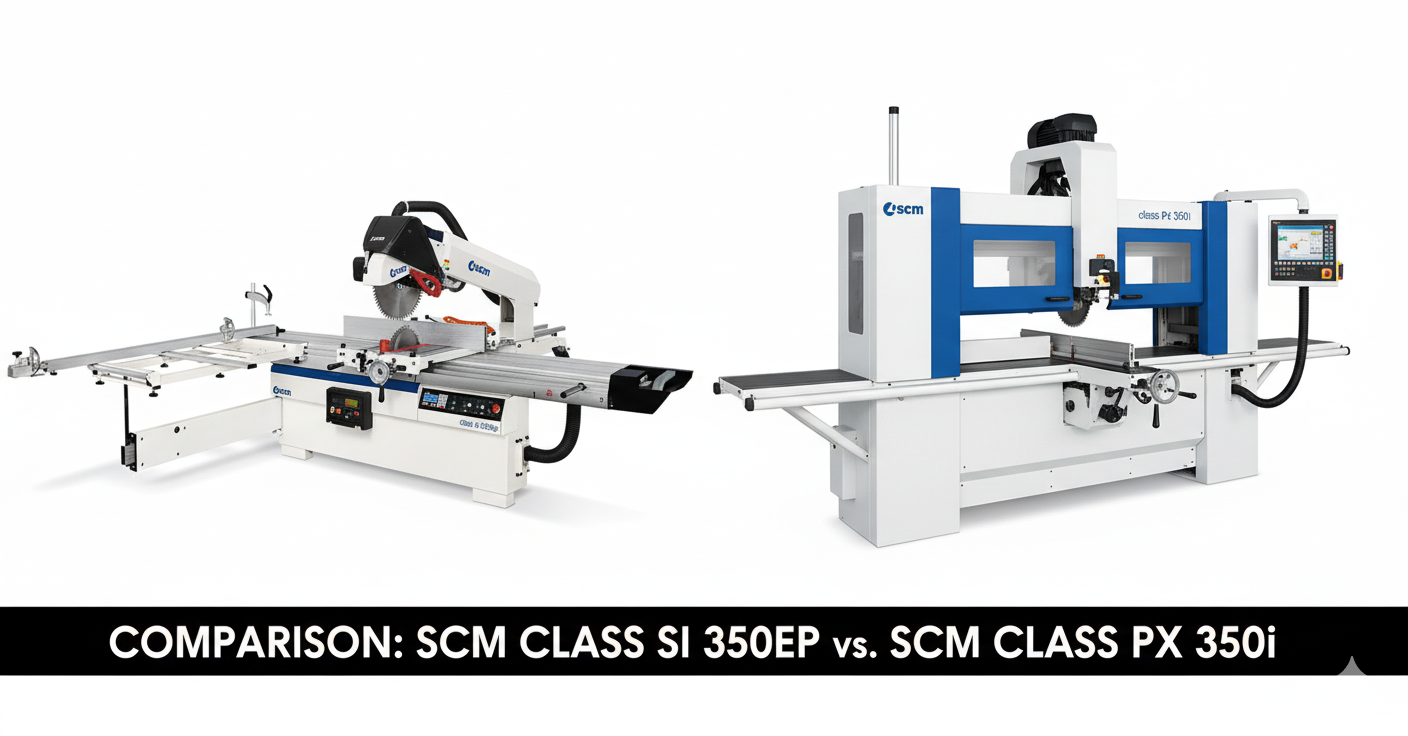 Comparație vizuală a metodelor de tăiere: SCM CLASS SI 350EP (stânga, fierăstrău circular de formatizat) vs. SCM CLASS PX 350i (dreapta, fierăstrău de debitat în pachet).