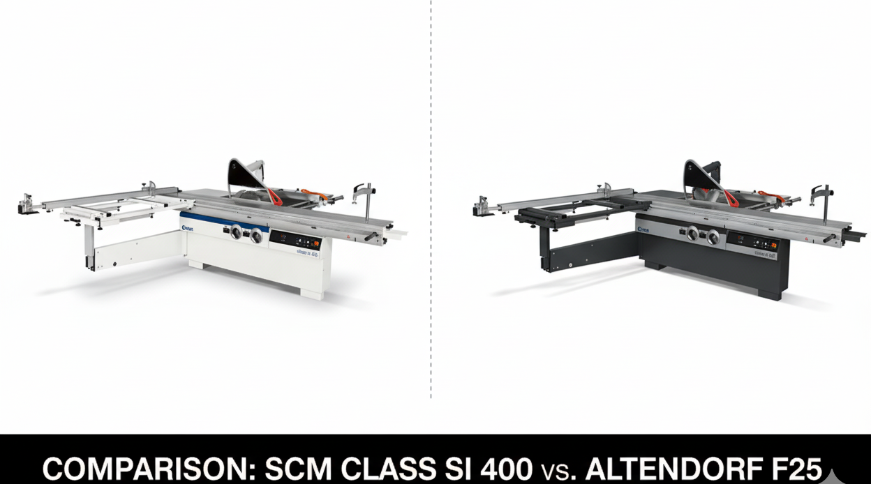 Comparație vizuală a fierăstraielor circulare profesionale SCM CLASS SI 400 (stânga) și competitorul său direct, ALTENDORF F25 (dreapta).
