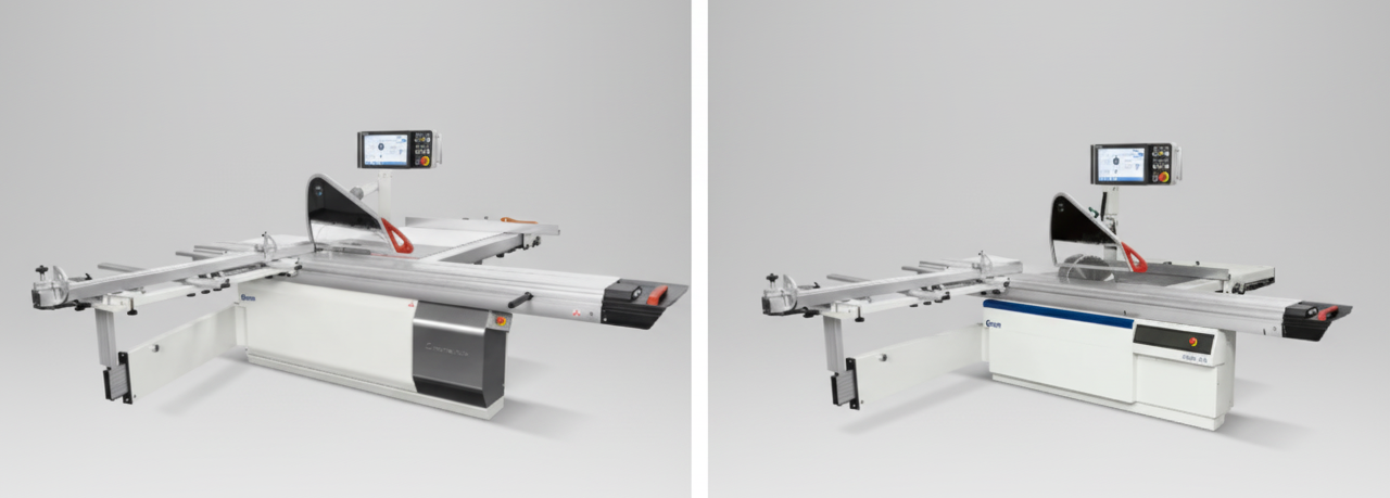 Comparație vizuală a fierăstraielor circulare SCM L'Invincibile SI 3 (stânga, design antracit) și SCM Class SI X (dreapta, design alb), ambele utilaje premium cu control CNC.